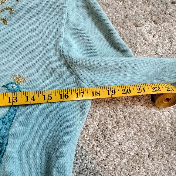 Blue Vintage Storybook Knits Sequined Embroidery Peacock Cardigan Sweater Sz M - Picture 6 of 7